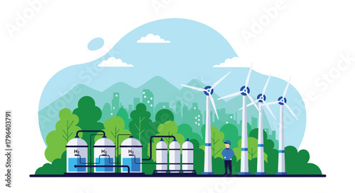 Flat vector illustration of hydrogen production facility using wind and solar power with electrolysis tanks and storage units. Solid tones, no gradients, future clean energy
