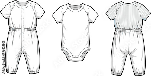 Infant and Toddler Garment Technical Vector Illustration Featuring Romper and Bodysuit Construction Details for Fashion Design, Pattern Making, and Apparel Development