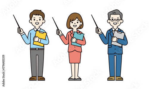 資料を手に、ポインターで説明する複数のビジネスマンの全身ベクターイラスト素材セット＿カラー
