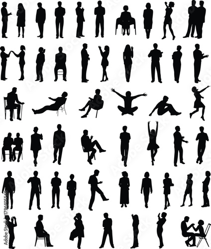 Human silhouette poses collection showing diverse body language, movement, interaction, sitting, standing, dancing, jumping, talking, expressive gestures, and dynamic activities.