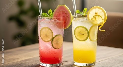 Refreshing Summer Drinks - Two Glasses of Colorful Lemonade.