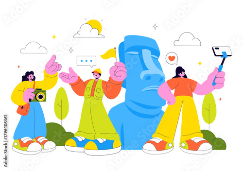 Travel Guide and Tour Vector Illustration Showing Interesting Places to a Group of Tourists for Vacation Planning in a Flat Style Cartoon Background