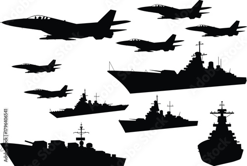 Silhouette collection of military fighter jets and naval warships showcasing aircraft formations, battleships, carriers, and destroyers for defense, warfare, and security vector illustrations.
