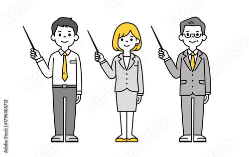 ポインターを持って説明する、複数のビジネスパーソンの全身ベクターイラスト素材セット