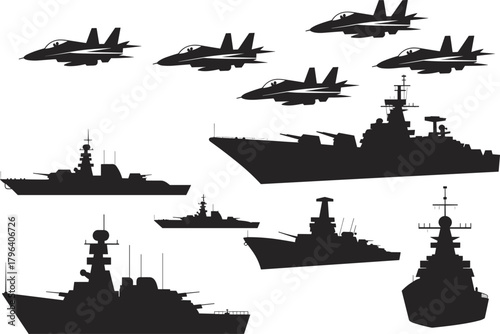 Silhouette set of military jets and navy warships featuring aircraft formations, battleships, destroyers, and carriers for defense, warfare, and security vector designs.