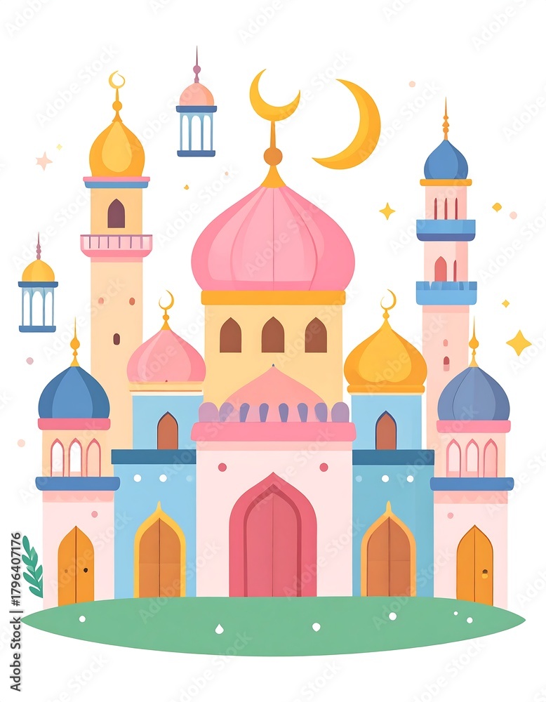Fototapeta premium A whimsical illustration of a colorful mosque with domes, minarets, a crescent moon, lanterns, and stars. Set on green grass