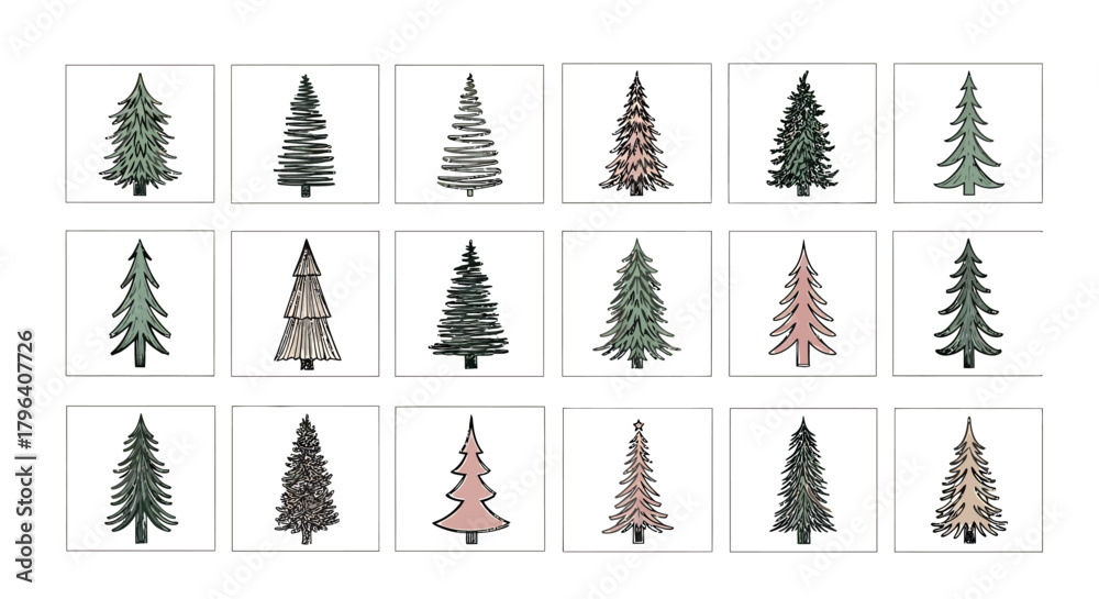 Obraz premium Collection of hand-drawn minimalist Christmas tree illustrations in various styles and colors.