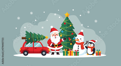 Santa Claus, a snowman, and a penguin are celebrating Christmas with a decorated tree and gifts.