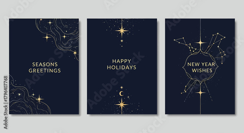 Three elegant dark blue holiday greeting cards with gold celestial and abstract designs.