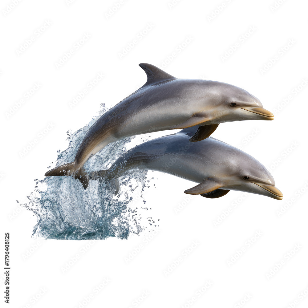 Fototapeta premium Pair of dolphins in mid-leap 45-degree top-down perspective on transparent background