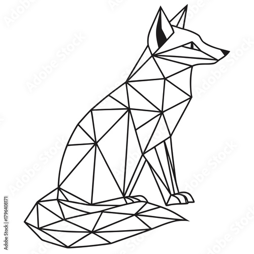 Geometric line drawing of a sitting fox made of angular polygons and straight lines, facing right.
