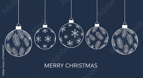 Christmas ornaments hanging against a dark blue background, with the words Merry Christmas.