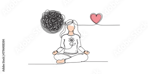 Minimalist line art illustration of a meditating person with a scribbled stress cloud transforming into a pink heart, symbolizing mindfulness, clarity, and emotional peace.