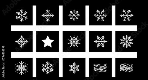A collection of white winter-themed icons including various snowflakes, a star, and wavy lines arranged in a grid on a black background.