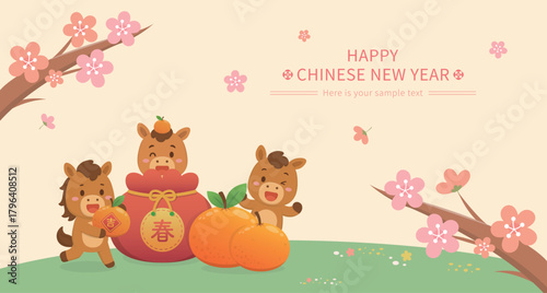 Horse cartoon character or mascot celebrating Chinese New Year greeting card, orange lucky bag symbolizing good fortune and prosperity