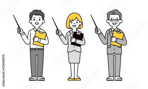 資料を手に、ポインターで説明する複数のビジネスパーソンの全身ベクターイラスト素材セット