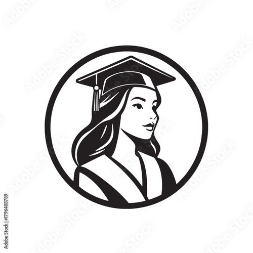 Young woman in graduation cap and gown logo design vector illustration.