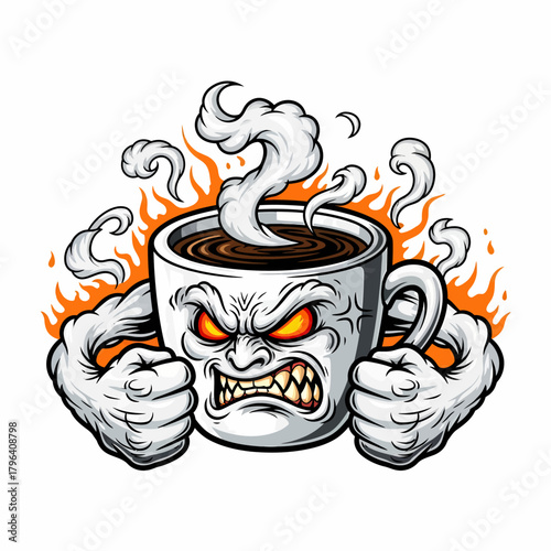 Cartoon cup of coffee with angry face and steaming hot drink