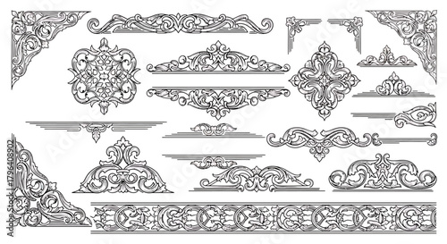 Collection of intricate, ornamental, and decorative vintage floral design elements, borders, and corners.