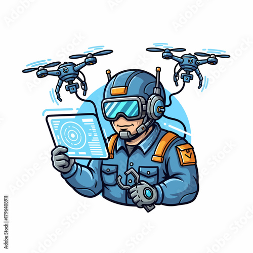 Cartoon illustration Futuristic drone pilot controlling unmanned aircraft digitally technology
