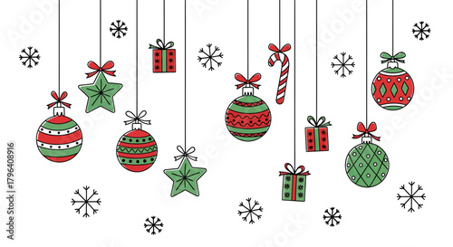 Festive Christmas ornaments and gifts hanging with snowflakes, a holiday illustration.