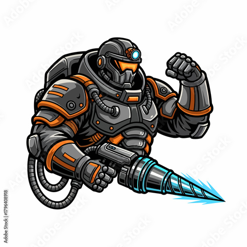 Cartoon illustration futuristic miner character holding powerful mining drill