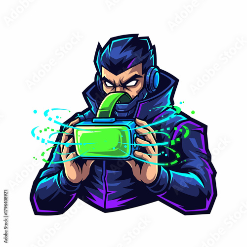 Cartoon illustration gamer wearing VR headset immersed digital world