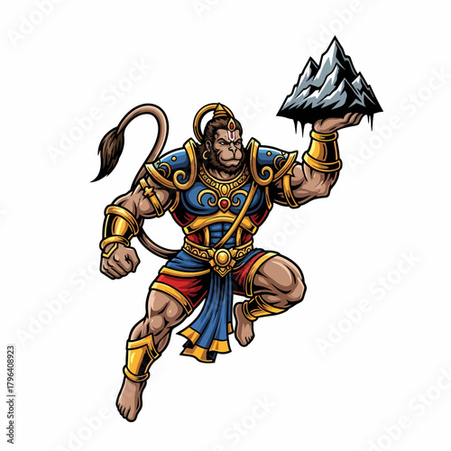 Cartoon illustration Hanuman carrying mountain peak showcasing strength bravery power