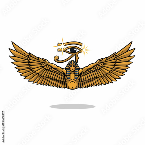 Cartoon illustration golden winged Egyptian sphinx with Eye of Horus