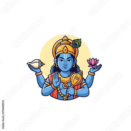 Cartoon illustration hindu deity vishnu holding conch lotus gada