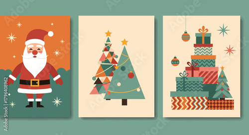A collection of three modern retro Christmas greeting cards featuring Santa Claus, decorated trees, and a pile of presents.