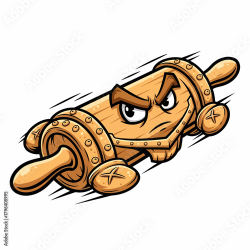 Cartoon illustration of an angry rolling pin with metal accents