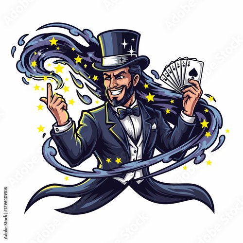 Cartoon magician with hat and cards performing magic show trick