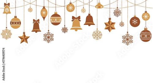 Hanging Christmas decoration border with golden baubles, bells, stars, and snowflakes on a white background.
