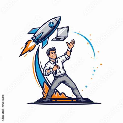 Cartoon man launching rocket and laptop for business growth concept design