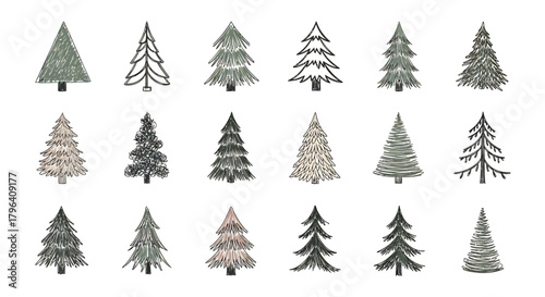 A diverse collection of eighteen hand-drawn Christmas trees, showcasing various artistic styles and textures on a white background.