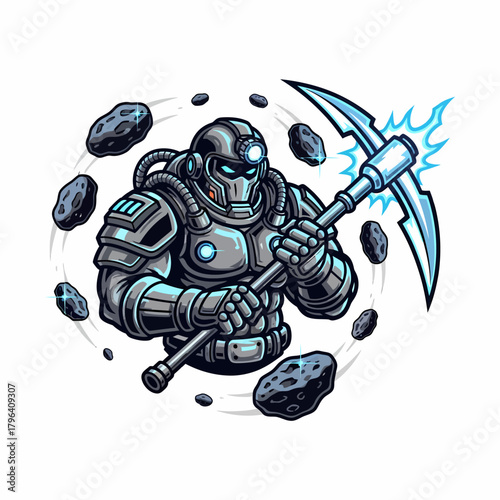 Cartoon spaceman miner illustration mining asteroids with energy pickaxe