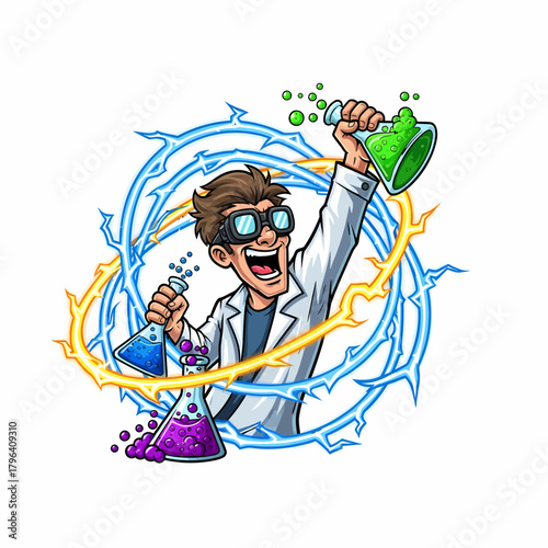 Cartoon scientist with beakers expressing excitement after a successful experiment