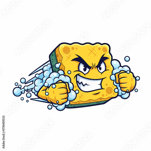 Cartoon sponge mascot character cleaning with soap bubbles illustration design