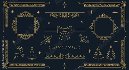 Elegant golden outline Christmas and decorative elements set on a dark background.