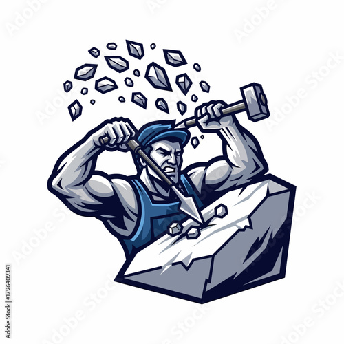 Cartoon stonemason character chiseling rock vector illustration craftsperson engraving stone