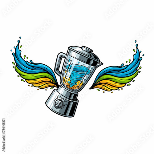 Cartoon vector blender mixing a swirling tornado with rainbow wings
