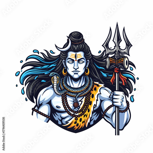 Detailed illustration of Shiva holding trident with snake and moon