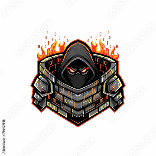 Digital hacker vector wearing code armor surrounded by binary fire
