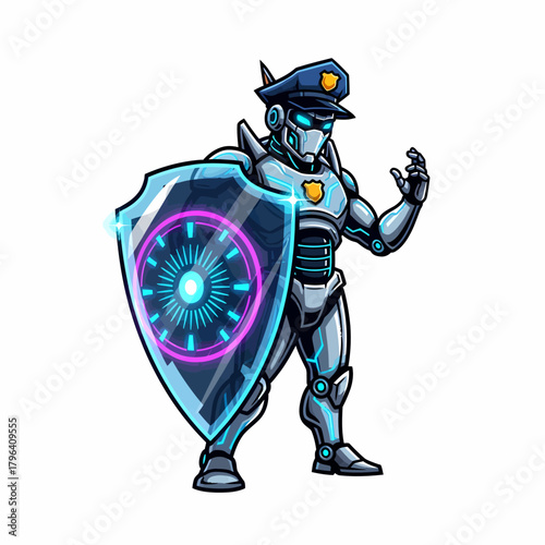 Digital illustration robot police officer holding futuristic shield protection security