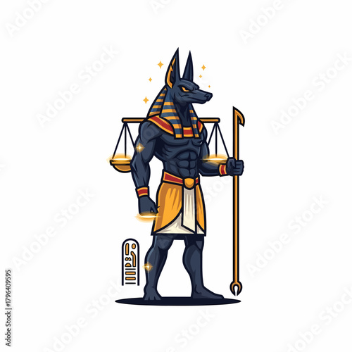 Illustration Anubis character egyptian god holding scale justice staff
