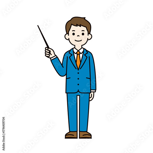指示棒を持って説明する、スーツを着た20代・30代の男性の全身ベクターイラスト素材＿カラー