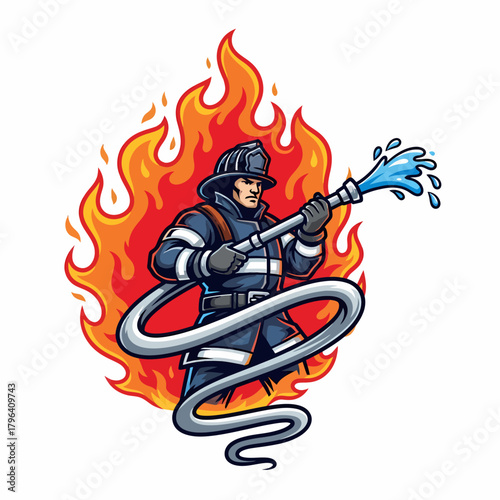 Illustration firefighter extinguishing flames with water hose emergency safety