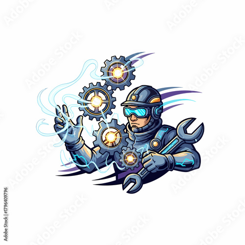 Illustration futuristic mechanic manipulating glowing gears with power energy