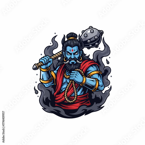 Illustration of a mighty blue warrior holding a mace weapon